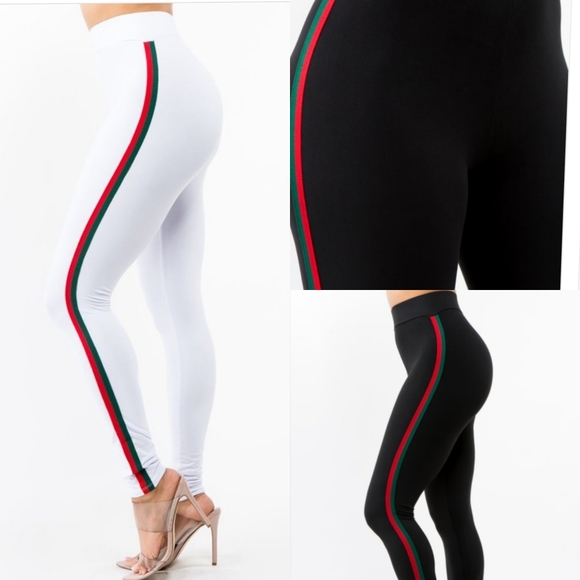 High Waisted Leggings Black or White with Green Red side tape stripes - Picture 2 of 5
